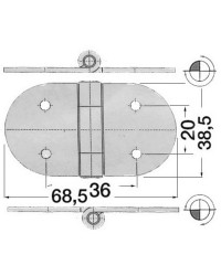 Charnière inox 68,5x38,5 nœud saillant fixation par goujons 15/30mm