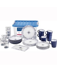 Set Blue Ocean : 6 assiettes plates, creuses, à dessert, verres 30 cl, tasses, 1 plateau